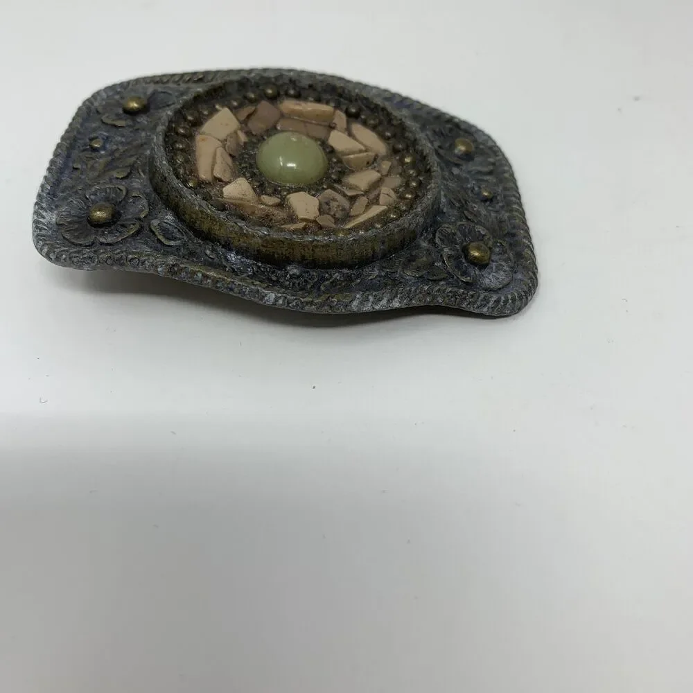 Western Belt Buckle Mens Gray Floral Metal Beaded Stone Mosaic Cowboy Rustic